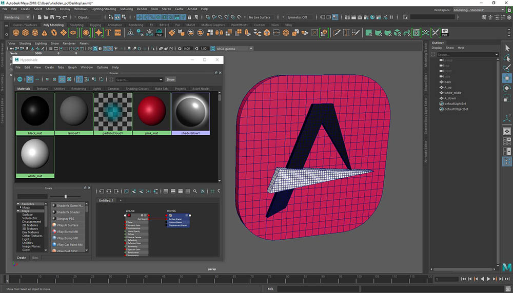 convert a 2D logo into 3D with Maya
, materials applied