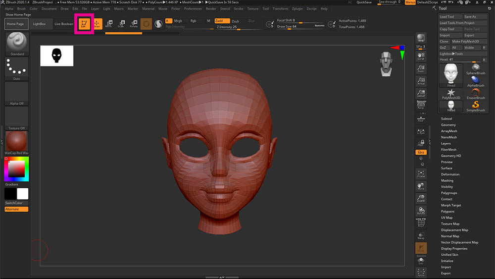 3D head in Zbrush canva