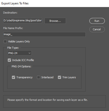 Export layers to files window