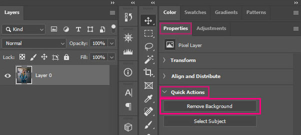 button of remove background in Photoshop