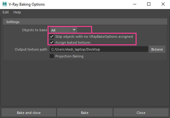 vray baking options popup window