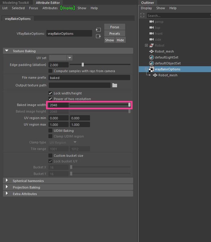 vraybakeoptions, change the resolution of the output image