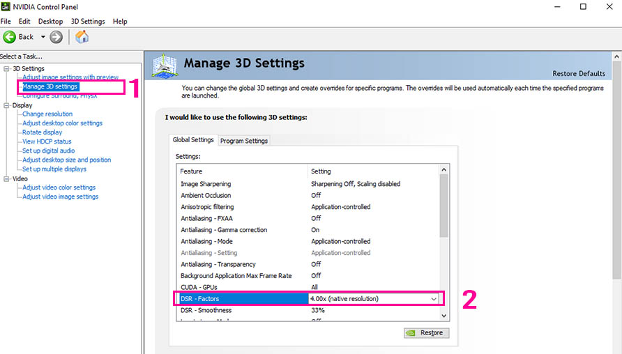 manage 3D settings window