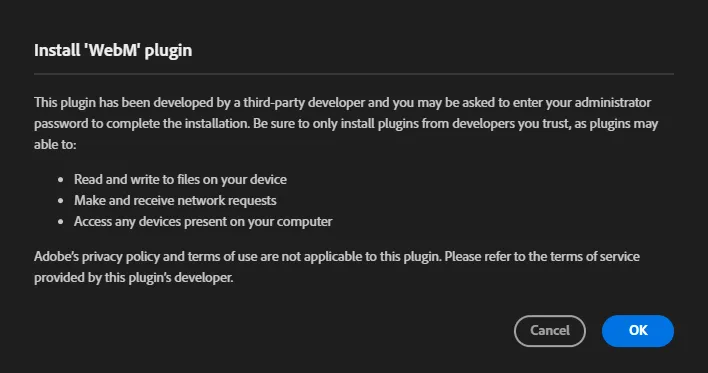 install WebM plugin popup window