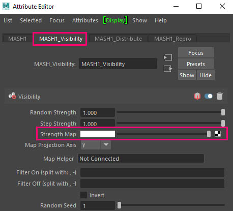 mash visibility node, add a strength file node