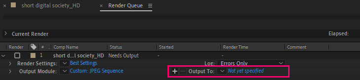 render queue window in After Effects, specified the folder to save