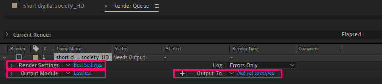 render queue window in After Effects