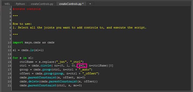 change the radius parament in auto rig controls script,