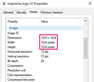 image properties, details tab, image section, right dimensions in both Width and Height