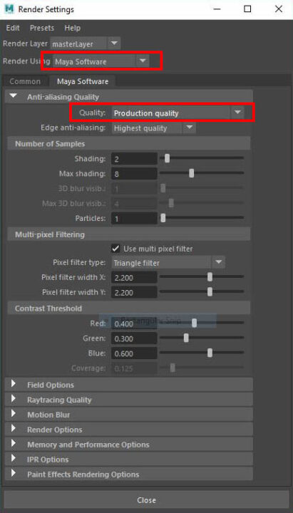 maya render settings pop-up window