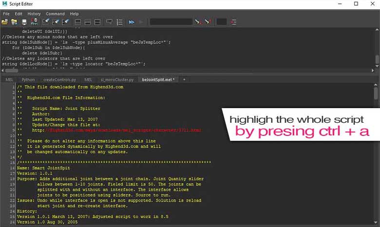 script editor pressing ctrl+a