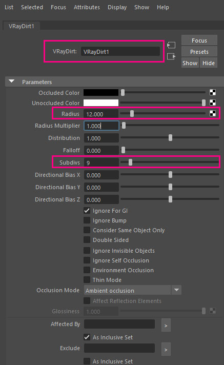 Vray dirt node settings