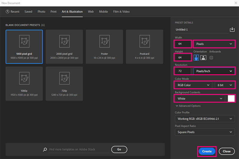 create a new document for the patter in Photoshop