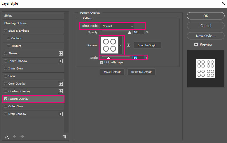 settings of applying a pattern in Photoshop