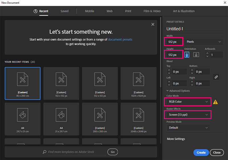 new document for custom patteri in Illustartor