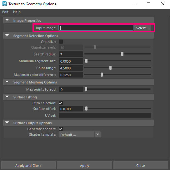 texture to geometry option window