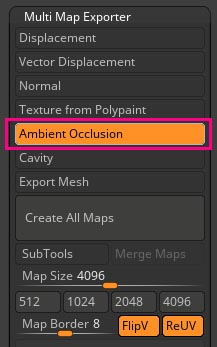 ambient occlusion option in Multi map exporter palette in Zbrush