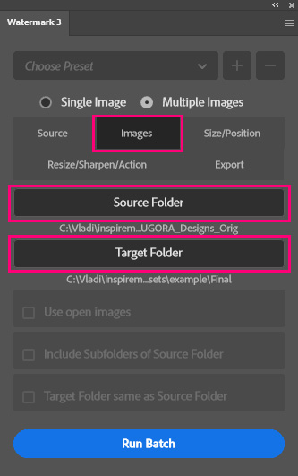 selecting source and target folder in Watermark 3 plugin in Photoshop