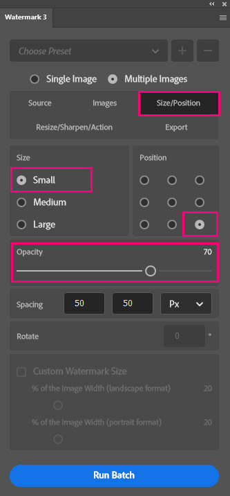 selecting the size-position in the Watermark 3 Plugin