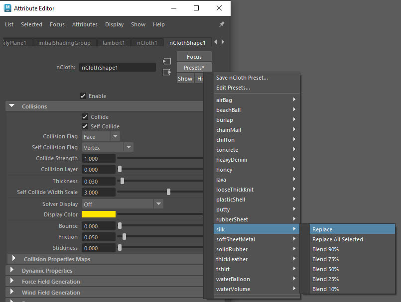 add the silk preset on the nCloth node in Maya