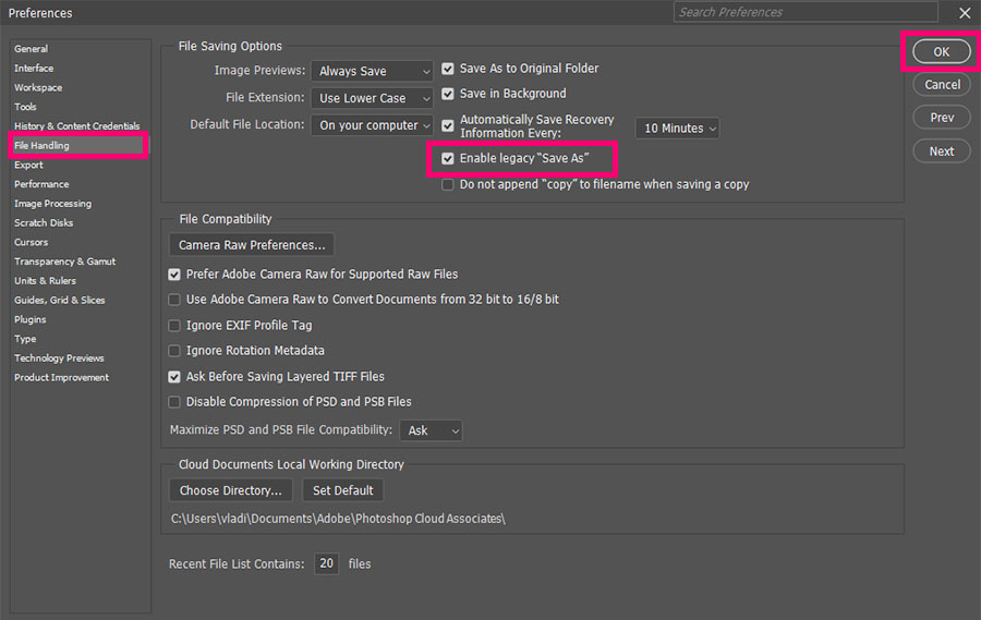 Enable legacy saveas option from Preference in photoshop