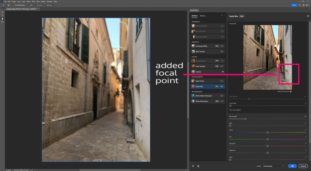 added focal point to depth blur in Photoshop