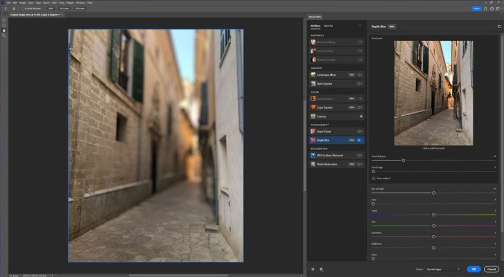 activated depth blur with AI in Photoshop