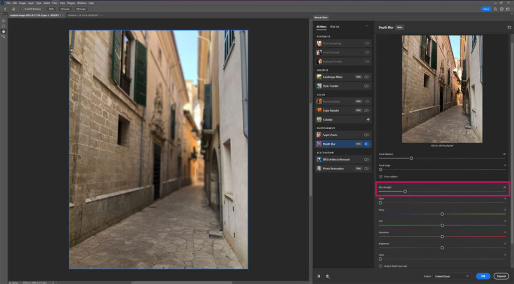 adjusting the bluer strength from the depth blur in Photoshop