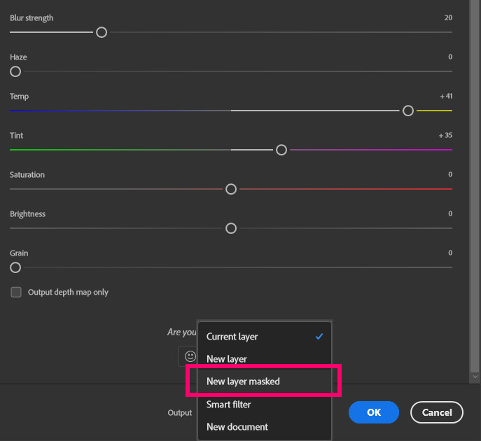 depth blur with AI in Photoshop, color correction settings