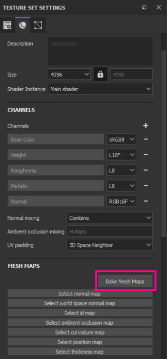 Texture set settings panel in Substance Painter