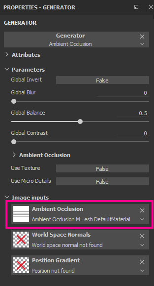 ambient occlusion image input is filled in the ambient occlusion generator panel