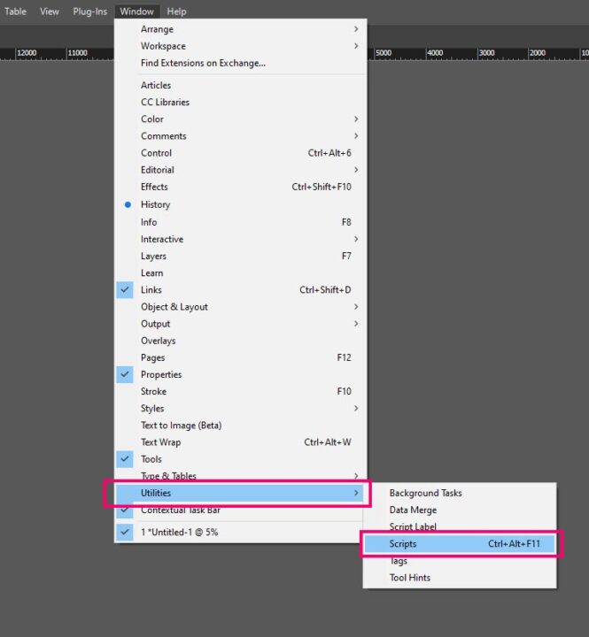 open the script windows in InDesign