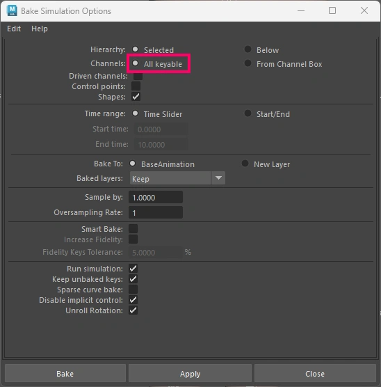 Deleting Unnecessary Keyframes in Maya, bake simulation options window in Maya