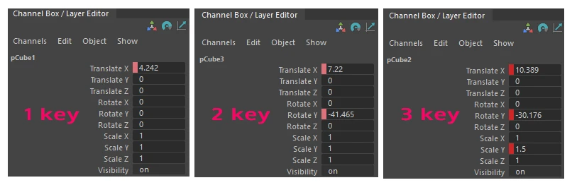 set keys in Maya, by setting individual keys in Channel Box in Maya