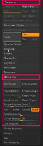 Retopology in Zbrush, ZRemesher window settings