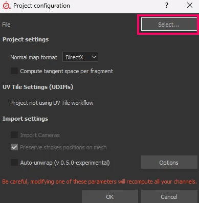 Substance Painter, Project configuration window