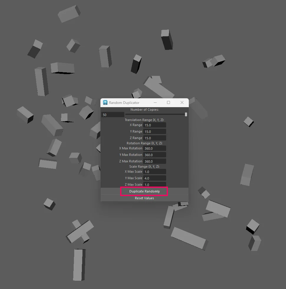 randomly duplicate objects in Maya settings window