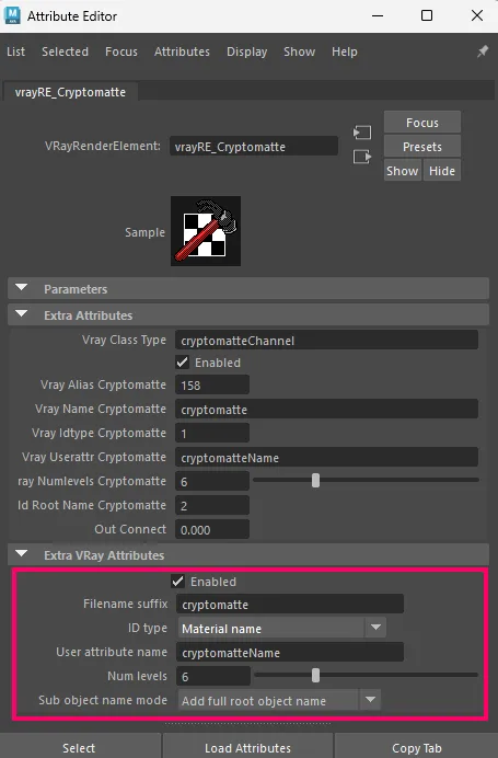 cryptomatte settings in the Attribute Editor in Maya