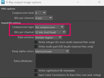 V-Ray output image options for EXR format
