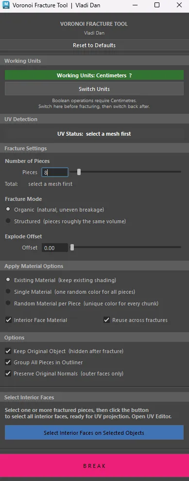 maya fracture tool UI