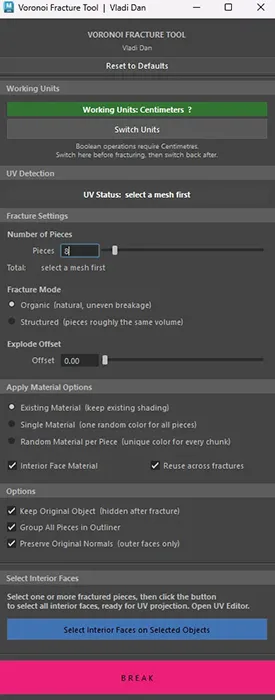 maya fracture tool UI